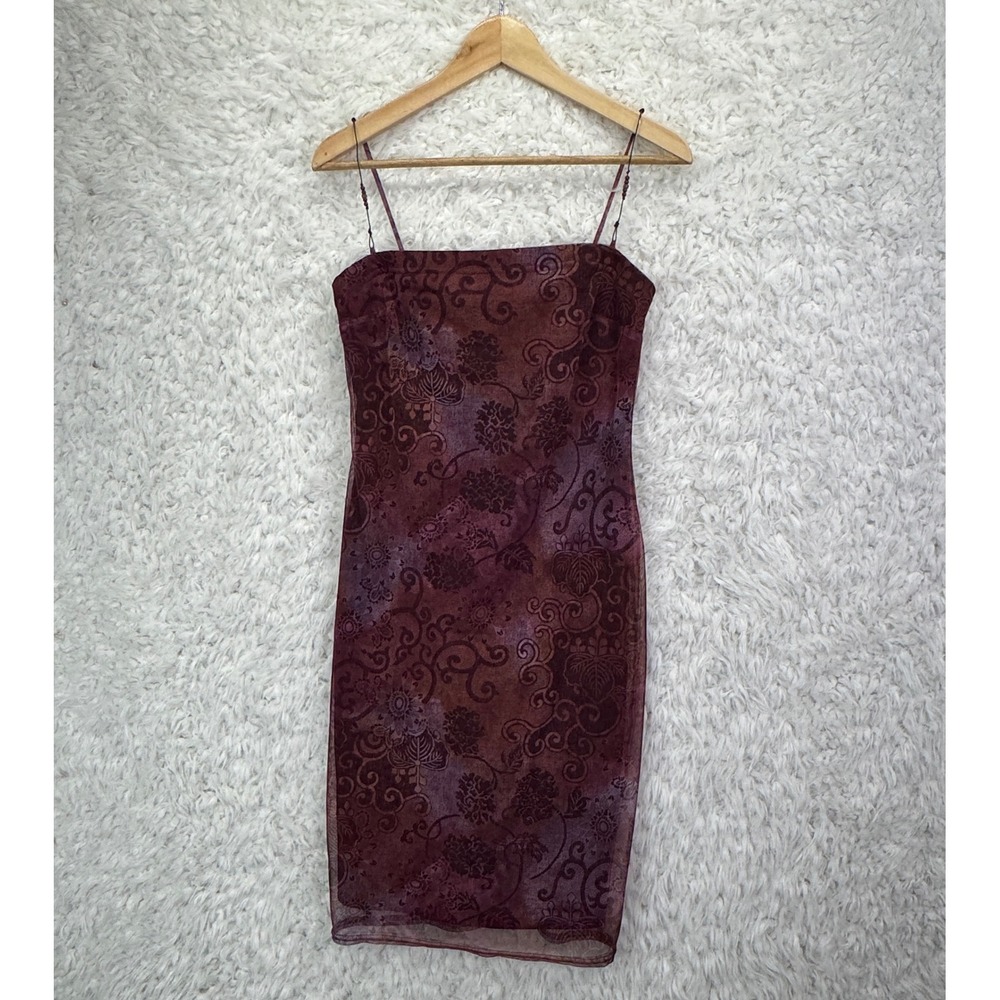 Ecru Studio Mesh Floral Midi Dress Medium Burgundy 90s Y2K Grunge Whimsygoth